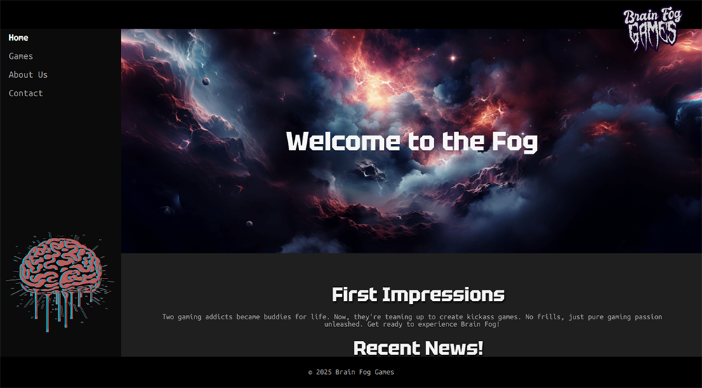 Screenshot of Brain Fog Games' sleek homepage: dark, responsive design, Starfyrian game showcase, bold update announcements, and navigation for Games, About Us, Contact.